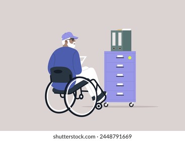 Accessibility in Action, a senior character in Wheelchair at an Organized Office Space, A person with disability engages with a file cabinet in a tranquil work setting