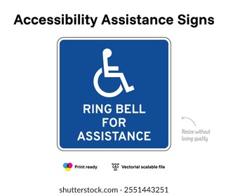 Accessibility assistance signs. Ring bell for assistance. Assistance sign with wheelchair symbol. Blue square.
