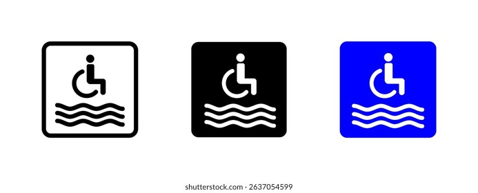 Accessibility beach or pool sign. Wheelchair by waves vector illustration. Accessibility and disabled tourism symbol. Travel and facility support sign. Inclusive recreation pictogram.