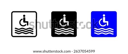 Accessibility beach or pool sign. Wheelchair by waves vector illustration. Accessibility and disabled tourism symbol. Travel and facility support sign. Inclusive recreation pictogram.