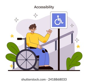 Accessibility concept. A person in a wheelchair greets the day with optimism near an accessibility sign, depicting barrier-free movement and inclusive public spaces. Flat vector illustration.