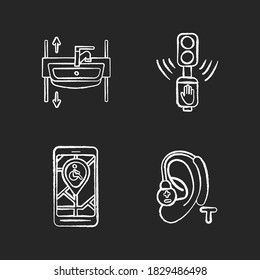 Accessibility devices chalk white icons set on black background. Adjustable wash basin. City navigation app. Hearing loop. Push button. Isolated vector chalkboard illustrations