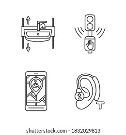 Accessibility devices linear icons set. Adjustable wash basin. City navigation app. Hearing loop. Push button. Customizable thin line contour symbols. Isolated vector outline illustrations