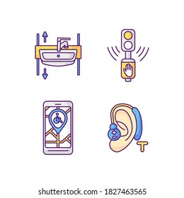 Accessibility devices RGB color icons set. Adjustable wash basin. City navigation app. Hearing loop. LED crosswalk light. Acoustic traffic lights signals. Push button. Isolated vector illustrations