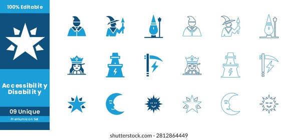 Accessibility Disability Icon Set Featuring Wheelchair, Crescent Moon, Braille, Support Cane, Hearing Aid and Inclusive Design Elements for Healthcare Facilities Accessibility Services Public Institutions and Inclusive Design Projects with Fully Editable Scalable Vector Format Suitable for Web Mobile App UI Print and Presentation Use in Flat Blue Solid Color Style
