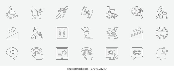 
Conjunto de iconos de Vector de contorno de accesibilidad y discapacidad Símbolos lineales modernos para una interfaz de usuario inclusiva
