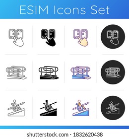Accessibility facilities icons set. Wheelchair ramp. Outdoor inclined plane. Step free access. Avoiding stairs. Linear, black and RGB color styles. Isolated vector illustrations