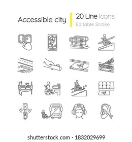 Accessibility facilities linear icons set. Handrails and stair lift. Acoustic traffic lights signals. Customizable thin line contour symbols. Isolated vector outline illustrations. Editable stroke