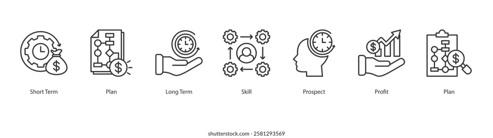 Accessibility Factor Outline Icon Sheet Plan, Prospect, Long Term, Skill, Plan, Short Term, Profit