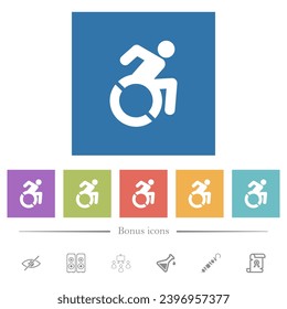 Accessibility flat white icons in square backgrounds. 6 bonus icons included.