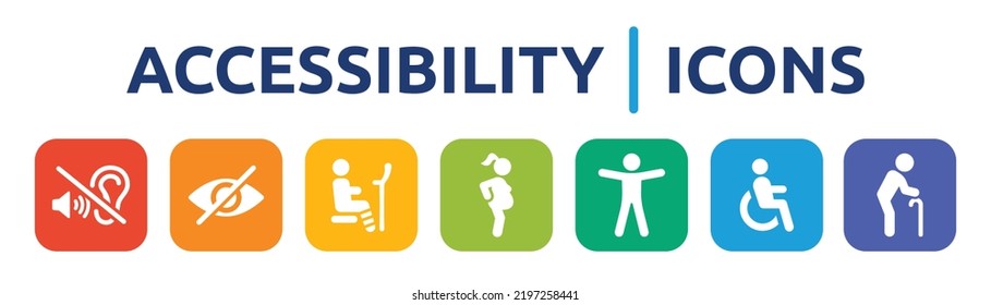 Accessibility icon collection. Containing deaf, blind, disabled person, pregnant, handicapped sign and elderly man icon set.