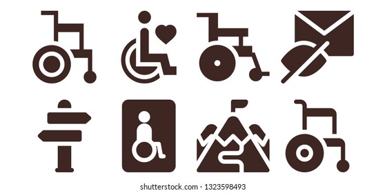 accessibility icon set. 8 filled accessibility icons.  Simple modern icons about  - Sign Post, Wheelchair, Wheelchairs, Disability, Ramp, Hidden