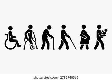 Accessibility icon set with wheelchair, disability, and priority seating pictograms