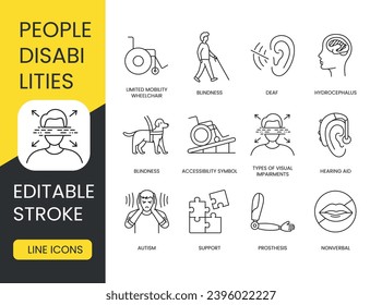 Accessibility icons set for people with disabilities, editable stroke. Hearing loss and deaf, deaf mute and auditory impairment, limited mobility and wheelchair, hearing aid and accessibility symbol