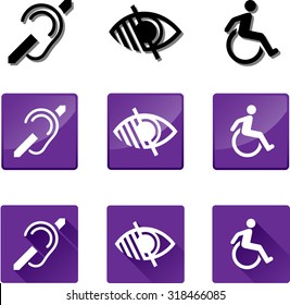 Accessibility Icons. Set Of Vector Graphic Glossy And Flat Icons Representing The Universal Symbols For The Deaf, Blind And Disabled.