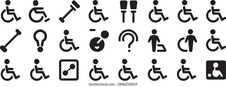 Accessibility Icons Set with Wheelchair, Question, Disabled, Braille, and Universal Access Symbols in Solid Black