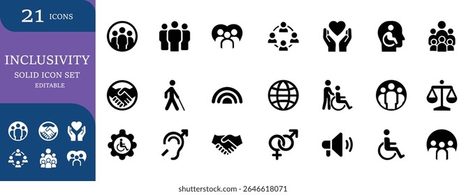 Ícones de acessibilidade, inclusão, diversidade, igualdade e suporte a deficiências. Design universal, saúde, conjunto de vetores de cuidado comunitário. Estilo editável e sólido, perfeito para projetos sociais e educacionais.