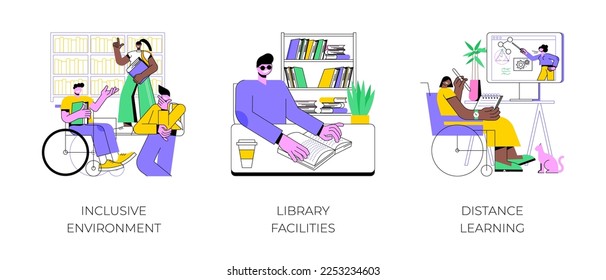 Accessibility and inclusion in education isolated cartoon vector illustrations set. Inclusive environment, library facilities, university distance learning, special education process vector cartoon.