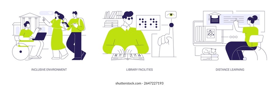 Acessibilidade e inclusão na educação conjunto isolado de ilustrações vetoriais de desenhos animados. Ambiente inclusivo, instalações da biblioteca, ensino à distância universitário, processo de educação especial vetor cartoon.