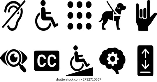 Accessibility and Inclusive Design Vector Icon Set: Disability Symbols, Wheelchair Access, Braille, and Sign Language Silhouettes