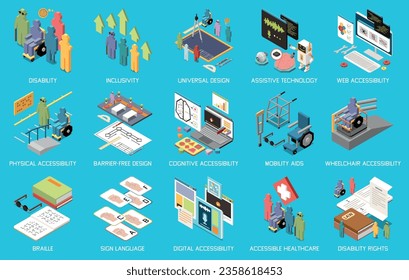 Accessibility isometric icons set with digital and environmental technologies for handicapped isolated vector illustration