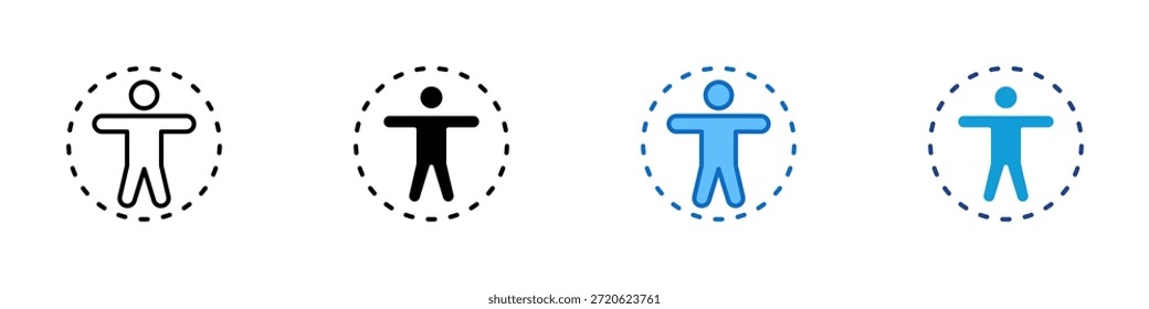 Accesibilidad Vector de diseño de íconos de estilo múltiple: figura humana dentro de un círculo punteado que representa el acceso universal, la usabilidad y la interacción inclusiva