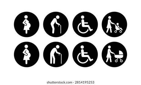 Accessibility and priority seating icons set in black circular pictograms, featuring pregnant person, elderly with cane, wheelchair user, and stroller, symbolizing universal access and inclusion