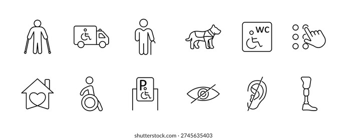 Accessibility set icon. Crutches, wheelchair transport, senior person, guide dog, accessible wc, tactile touch, care home, parking sign, blind vision, hearing aid, prosthetic leg, inclusive support.