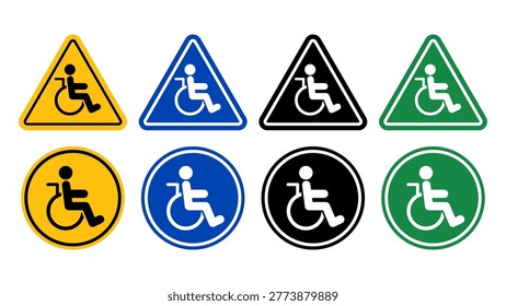 Accessibility sign icon set with wheelchair symbols in round and triangle formats. Ideal for public facility signage, wayfinding systems, apps, and inclusive UI design. Fully editable, scalable, and ready for commercial use.