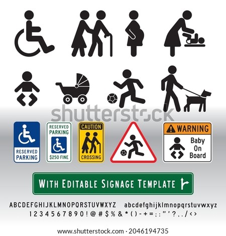 Accessibility signage that includes handicap, seniors (elderly), pregnant woman, changing diaper room, baby, stroller, kids playing zone, pets must be on leash, with vector editable signage template.