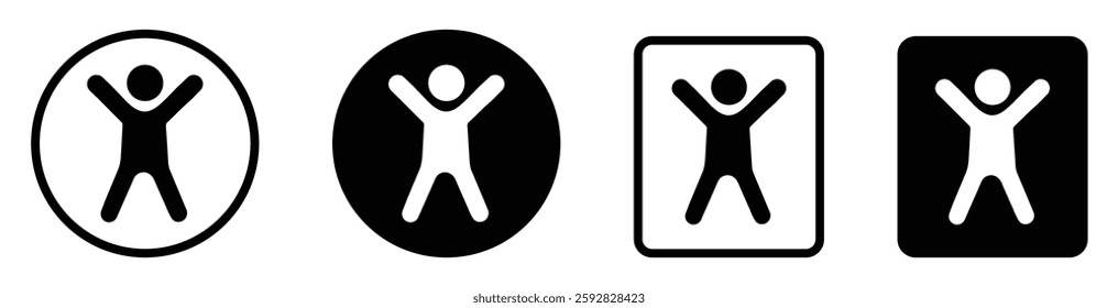 Accessibility symbol icon depicting a human figure with raised arms inside circular and square borders, representing universal design and inclusivity. Accessibility icon set. universal access vector.