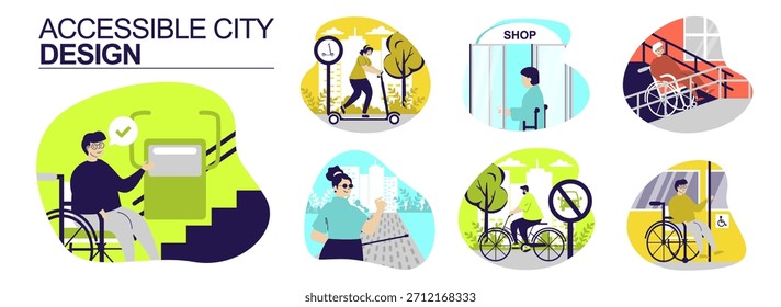Accessible city design concept set for web design. Collection with people using wheelchair ramp or elevator, access to bus, pathway for blind person, bicycle or scooter roads. Vector illustration.