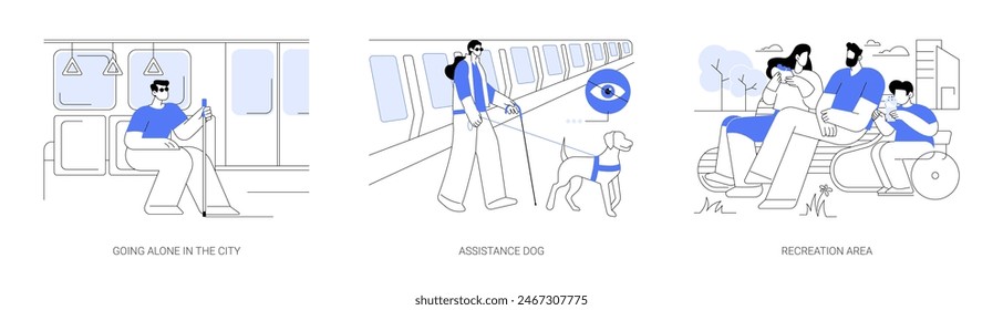 Accessible city isolated cartoon vector illustrations set. Impaired person use public transport, assistance dog for blind people, inclusive recreation area, barrier free environment vector cartoon.