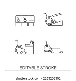 Accessible city line icons set. Barriers-free environment. Isolated vector illustrations. Editable stroke