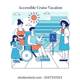 Conceito de férias de cruzeiro acessíveis. Uma família, incluindo uma pessoa em cadeira de rodas que goste de instalações de navios de cruzeiro com assistência. Viagens inclusivas e atividades de lazer. Ilustração vetorial.