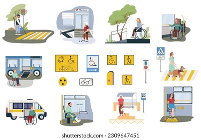 Iconos de entorno accesibles establecidos con símbolos de transporte y almacenamiento ilustración vectorial aislada plana