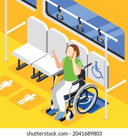 Accessible environment isometric background with talking on phone disabled woman in wheelchair on designated space in train or bus 3d vector illustration