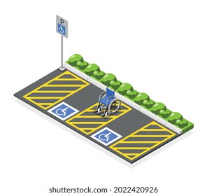 Composición isométrica ambiental accesible con silla de ruedas en zona de estacionamiento para ilustración vectorial 3d con discapacidad