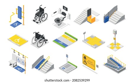 Accessible environment isometric icons set with wheelchair ramps seats and equipment for people with disabilities isolated 3d vector illustration