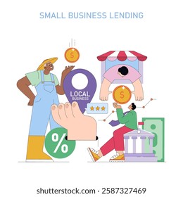 Accessible financing for small local businesses. Monetary support, lending schemes, interest rates, and economic assistance for sustainable growth and development. Vector illustration.