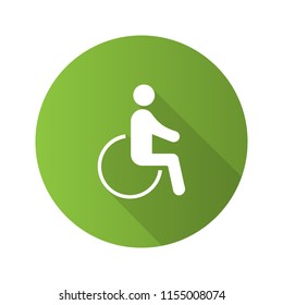Accessible flat design long shadow glyph icon. Disability. Disabled person. Handicap. Man in wheelchair. Vector silhouette illustration