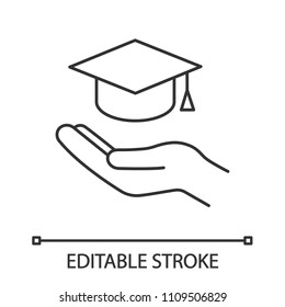 Accessible Or Free Education Linear Icon. Open Hand With Graduation Cap. Thin Line Illustration. Getting Diploma. Contour Symbol. Vector Isolated Outline Drawing. Editable Stroke