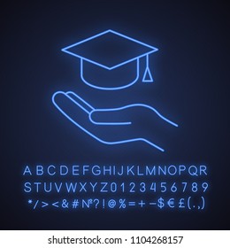 Accessible or free education neon light icon. Glowing sign. Open hand with graduation cap. Getting diploma. Vector isolated illustration