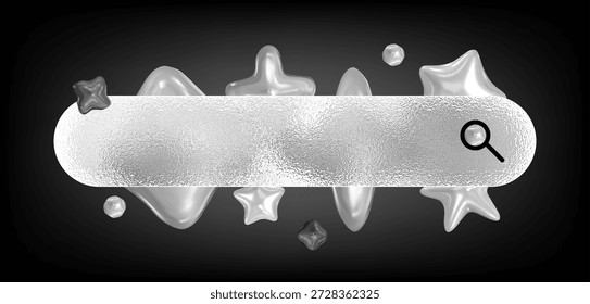 Renderização 3d acessível do Glassmorphism de uma barra de busca no estilo metal prata líquido com formas abstratas, um conceito de ui digital moderno e minimalista limpo para web design