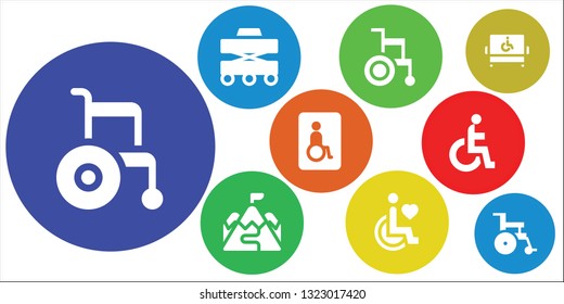 accessible icon set. 9 filled accessible icons.  Simple modern icons about  - Wheelchair, Walker, Ramp, Disability, Wheelchairs, Disabled