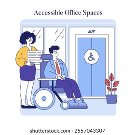 Accessible Office Spaces concept. Ensuring workplace inclusion with wheelchair-friendly facilities. Employees with and without disabilities in a corporate environment. Vector illustration.