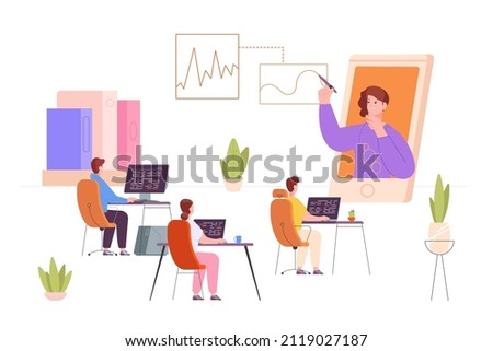 Accessible online teacher. Video learning tutor university, student talk with recorded teaching professor, internet academy class, vector illustration. Education by video online with teacher