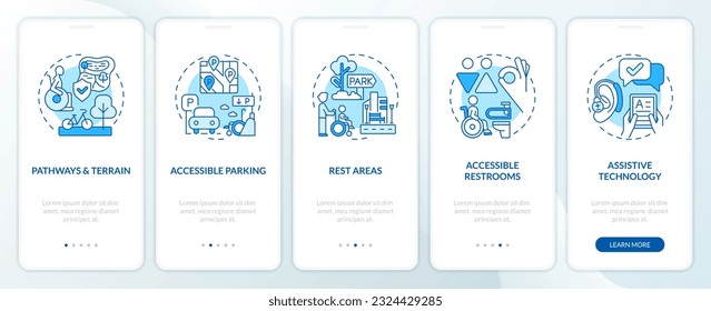 Accessible outdoors blue onboarding mobile app screen. No barrier walkthrough 5 steps editable graphic instructions with linear concepts. UI, UX, GUI template. Myriad Pro-Bold, Regular fonts used