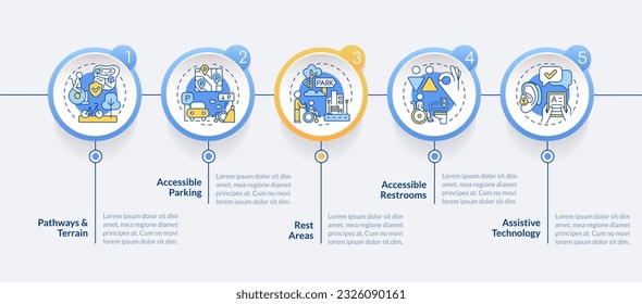 Accessible outdoors circle infographic template. No barrier. Safe space. Data visualization with 5 steps. Editable timeline info chart. Workflow layout with line icons. Lato-Bold, Regular fonts used