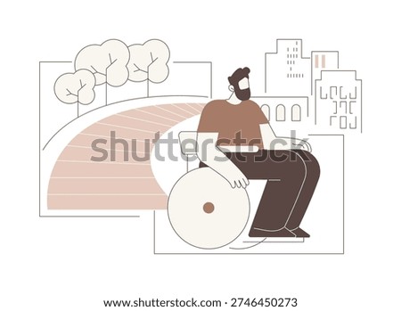 Accessible path isolated cartoon vector illustrations. Paralyzed man in a wheelchair riding in park, disabled people urban lifestyle, accessible city, barrier free path vector cartoon.